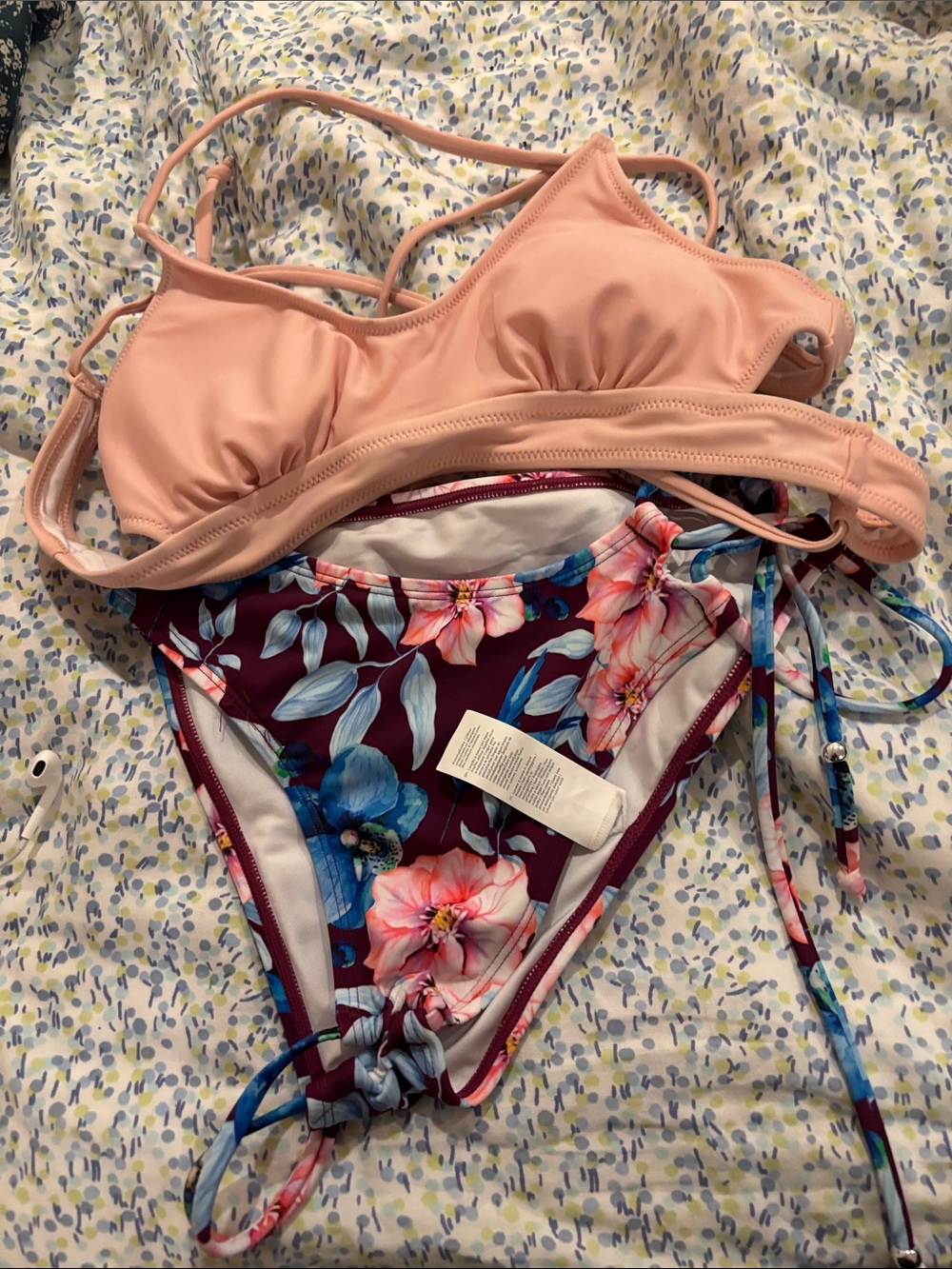 Women's Two-Piece Floral Tie-Side Bikini - Blush Pink Top & Floral Bottom
